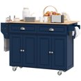 thumbnail image 1 of CoSoTower Îlot de Cuisine avec Rangement, Îlot de Cuisine Roulant avec Rallonge Rabattable, Dessus en Bois de Caoutchouc et Tablettes Ajustables, Bleu Marine, 1 of 5
