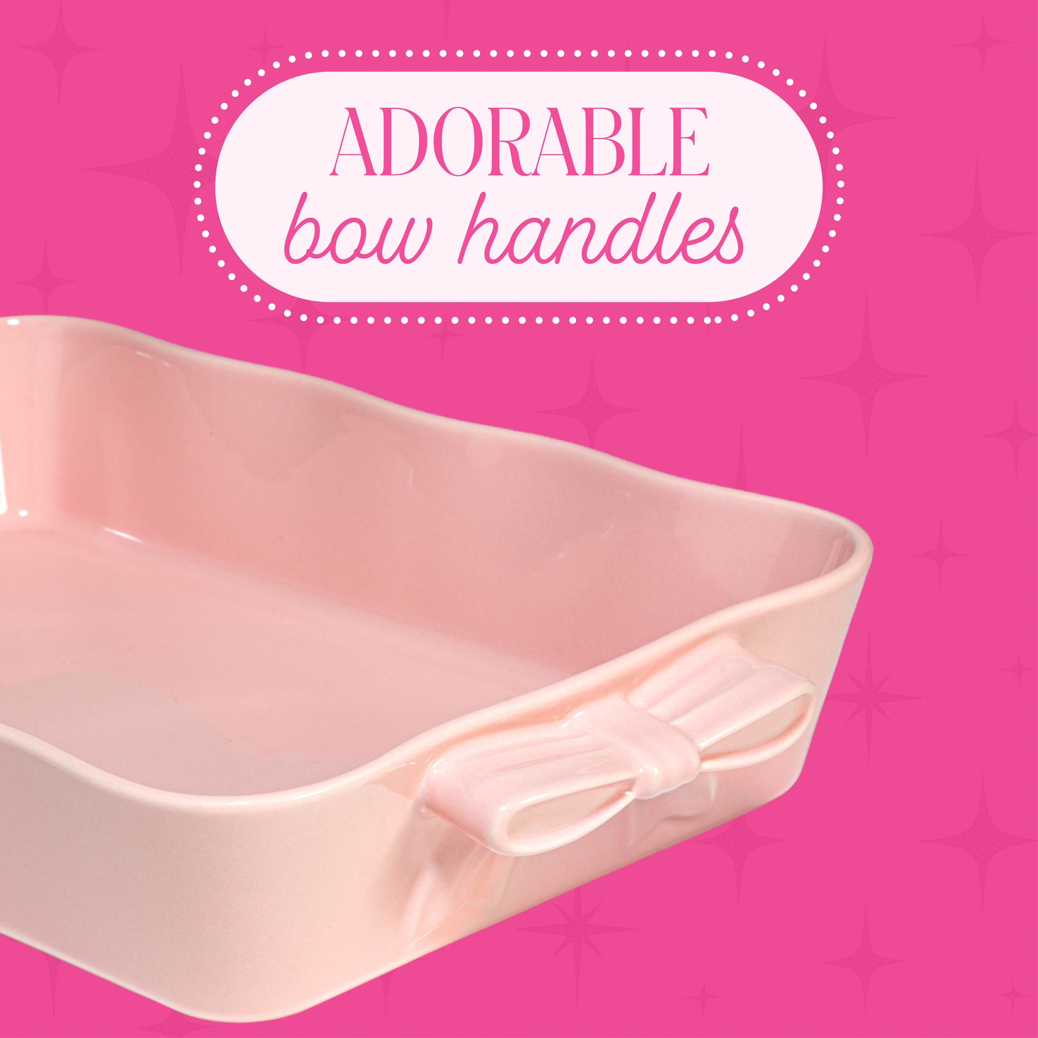 Paris Hilton Ceramic Stoneware Rectangular Lasagna Baker, 13 x 9 x 2.5 Inches, Oven Safe to 450°F, Dishwasher & Microwave Safe, Pink with Bow Handles
