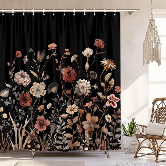 Vintage Boho Black Floral Shower Curtain, Beige Brown Cream Tan Rustic Farmhouse Flower Shower Curtain Set, Cute Botanical Wlidflowers Fabric Shower Curtains Decoration, 72X72 Bathroom Accessories