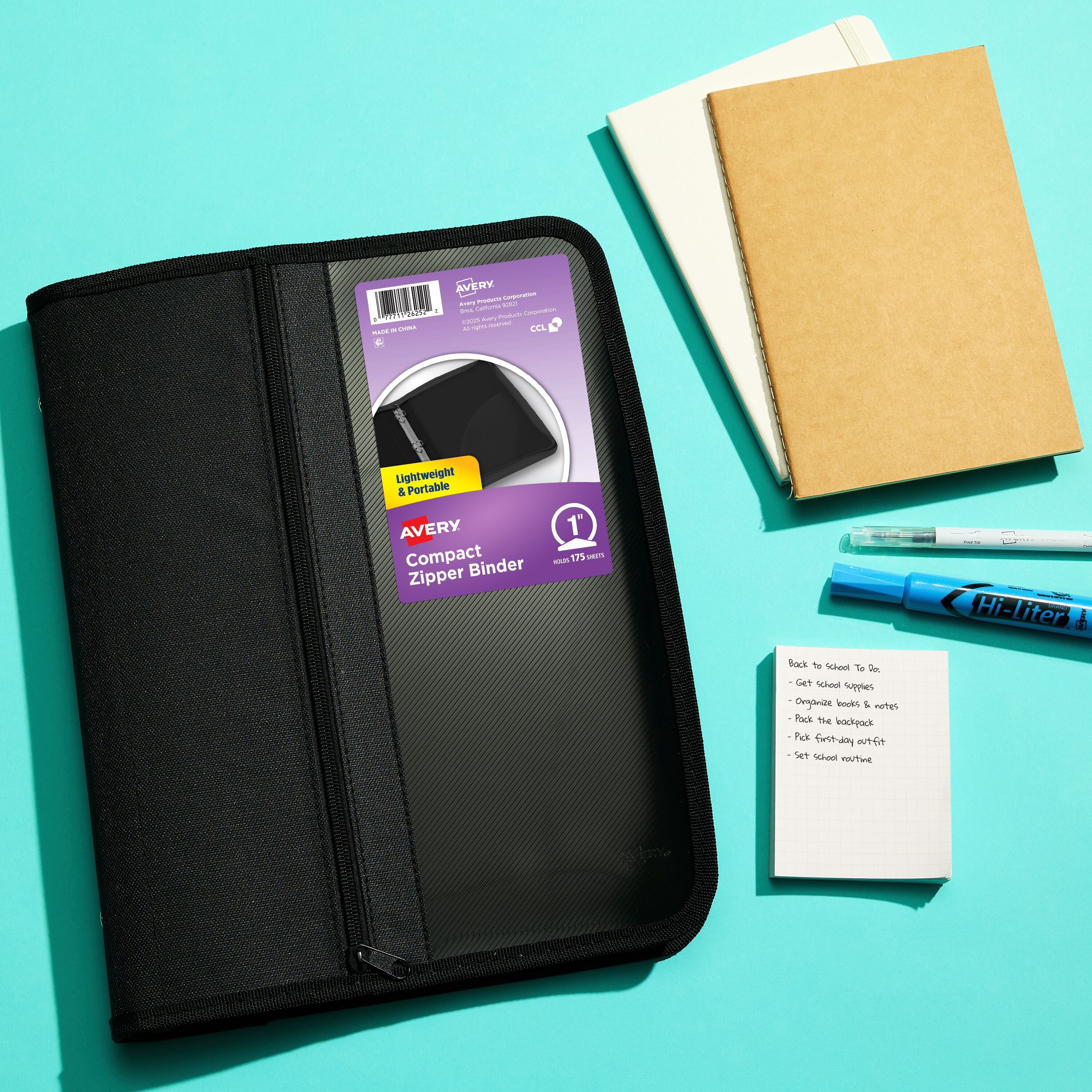 Avery Zipper Binder, 1", Black, Round Ring, Front Pocket, Lightweight, 175 Sheet Capacity, 1 Binder