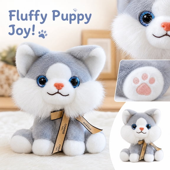 Wizlet Cute Sitting Kitten Stuffed Plush Toy, Soft Fluffy Grey‑White Cat Doll With Bow‑Knot Ornament, Decorative Animal Plushie As Birthday Gift