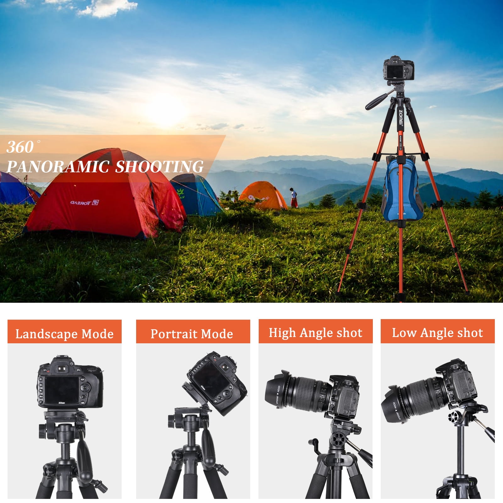 ZOMEI 55" Tripod Travel Camera Tripod with 3-Way Pan Head and Phone Holder Mount for Gopro,Projector,Smartphones Webcam,Spotting Scopesto Live Broadcast and DSLR EOS Canon Nikon Sony Samsung