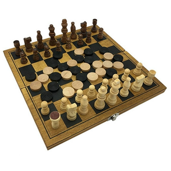 Zummy Natural Wooden 2 in 1 Chess and Checkers Game Puzzle - Mini Size