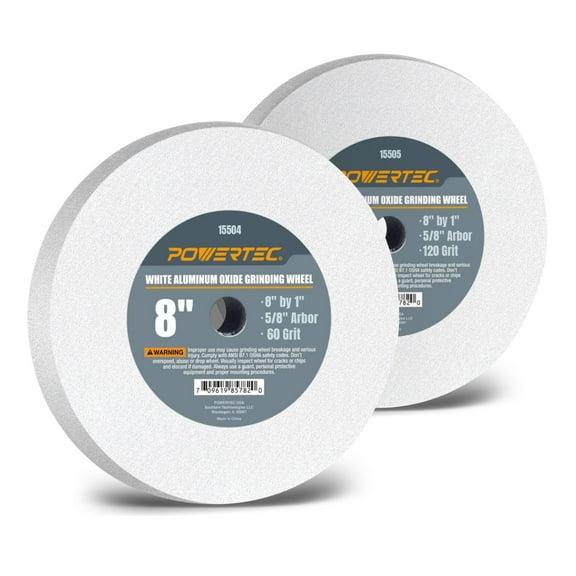 POWERTEC 15541 Bench and Pedestal Grinding Wheels, 8 Inch x 1 Inch, 5/8 Arbor, 60 & 120 Grits Assorted, White Aluminum Oxide Bench Grinder Wheel for Grinding and Sharpening Cutting Tools, 2 PK