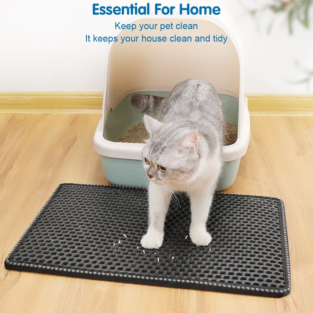 Cat Litter Mat, Rice-Shaped Double Layer Litter Trapper Waterproof Urine-Proof Mat, Non-Slip for Litter Box Area, Scratch-Friendly for Cats & Kittens​ Black