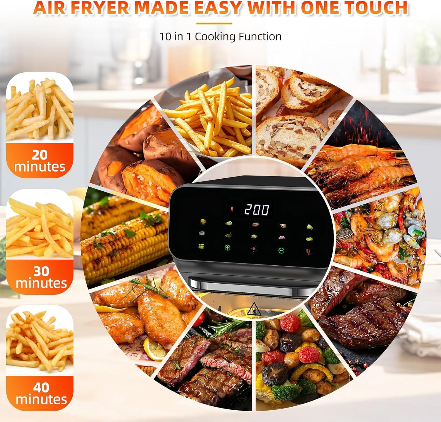 Air fryer desktop convection oven, transparent door and glass window; Timer function, controlled by digital LED touch screen with automatic shutdown function, air fryer with 10 liter capacity for oil