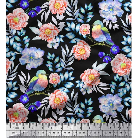 Soimoi Orange Cotton Cambric Fabric American Robin,Leaves & Flower Print Sewing Fabric BTY 56 Inch Wide