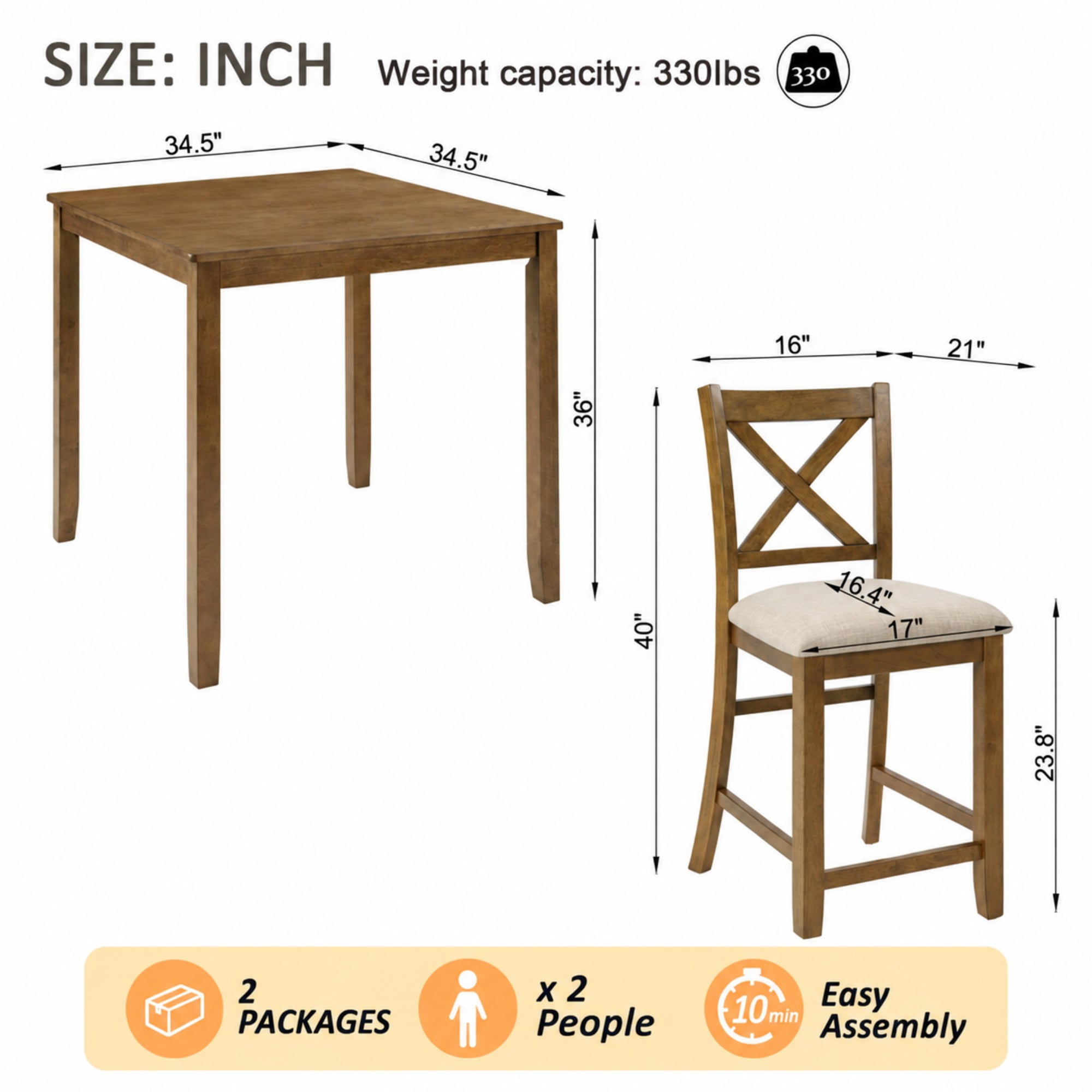 BSHTI 34.5" Acacia Wood 5-Piece Counter Height Dining Table Set with Fabric Upholstered X-Back Chairs for Kitchen Dining Room（Oak）