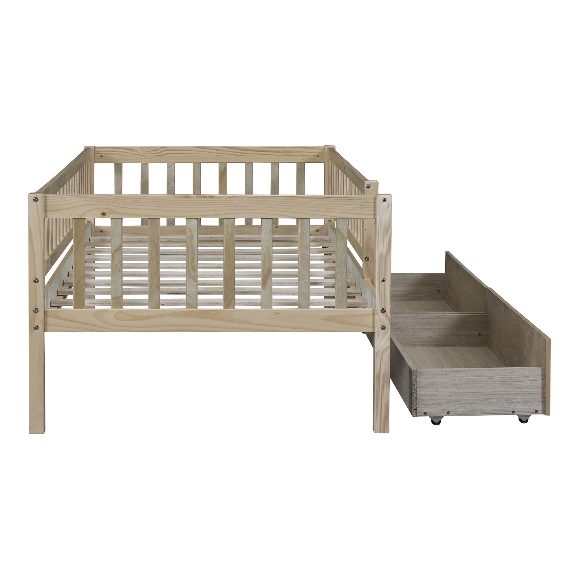 Bellemave Twin Daybed with Storage and Fence, Wooden Twin Size Platform Bed with Rails and 2 Drawers, Low Loft Bed Frame, No Box Spring Needed (Natural)