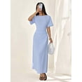 thumbnail image 6 of Petite Womens Blue Striped Linen Blend Ruched Waist Short Sleeve Maxi Dress, 6 of 8
