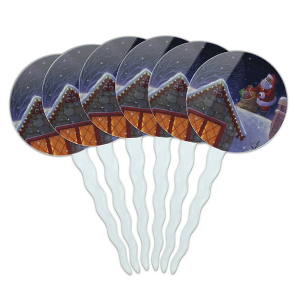 Christmas Holiday Santa Claus on Roof Cupcake Picks Toppers Decoration Set of 6