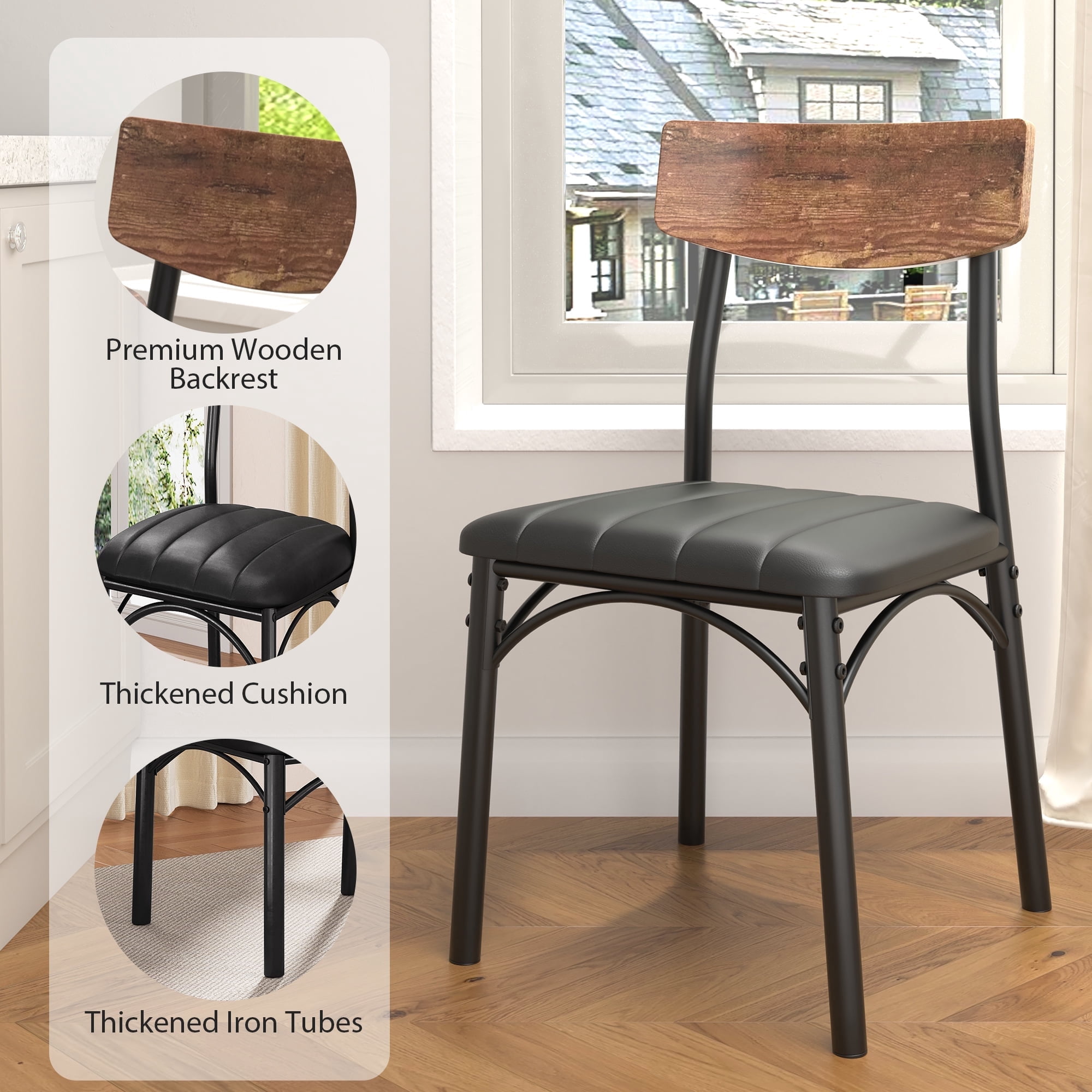 Dining Chair Set of 4, PU Leather Dining Room Chairs, Rustic Kitchen Armless Side Chair with Iron Legs, Black&Brown