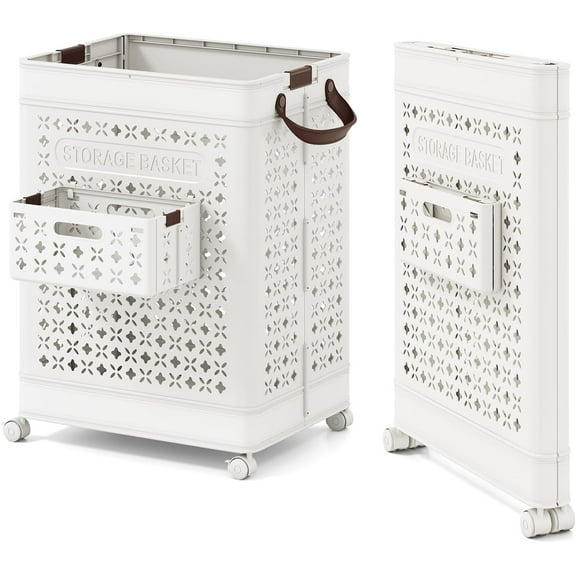 GOFLAME Rolling Laundry Hamper with Side Basket, Plastic Collapsible Laundry Basket with Lockable Wheels and Handles, Foldable Storage Basket Organizer for Laundry, Bedroom, Bathroom, White