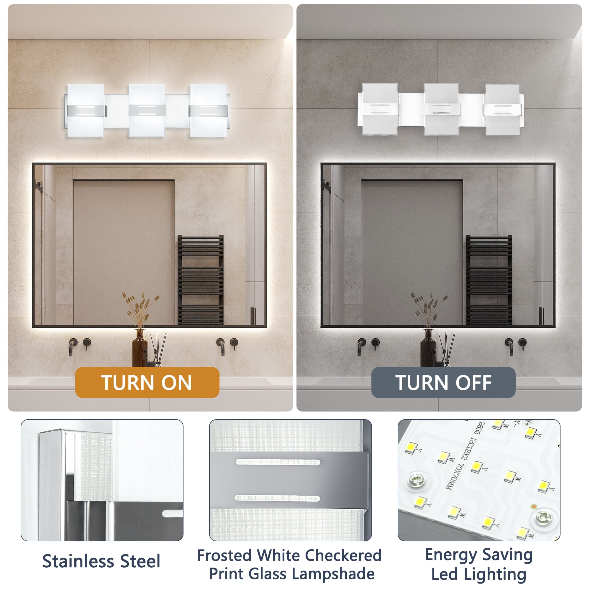 Auffel Bathroom Light Fixtures LED Chrome Vanity Lights for Bathroom Dimmable Wall Sconce 3000K/4500K/6000K Stainless Steel Glass Vanity Lighting Fixtures 3-Light Wall Light for Restroom 22 Inch