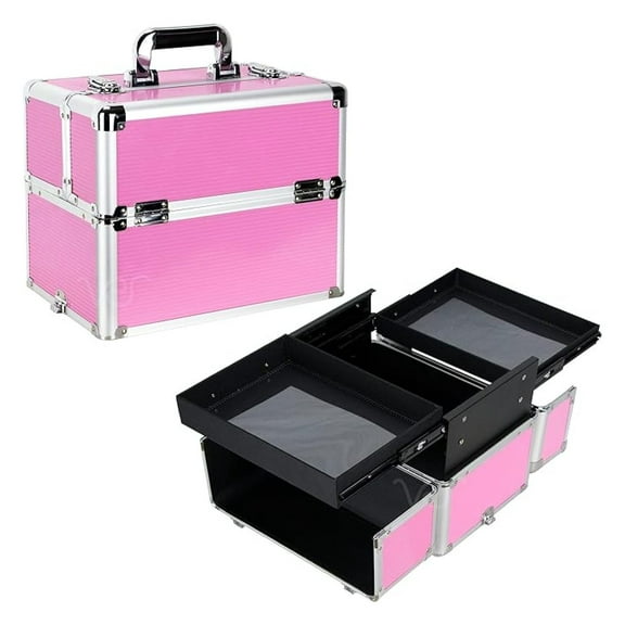 Makeup Organizer, Cosmetic Travel Kit, Makeup Artist Supplies, 2 Sliding Trays, Lockable Storage Box, Makeup Train Case, Aluminium Case, Lightweight Makeup Vanity (Pink Stripes)
