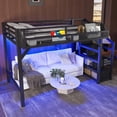 thumbnail image 3 of Twin XL Loft Bed with Storage Stairs, Shelves and Built-in Wardrobe, Metal Loft Bed Frame with USB Ports and LED Lights for Bedroom, Dorm, Black, 3 of 8