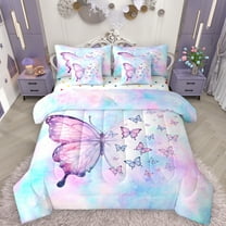 Manfei Blue Pink Butterfly 7-Piece Twin Bedding Sets, Romantic Dreamy Animal Bedding Comforter Set, Teens Girls Kids Female Reversible Sheet Sets, Luxury Bedroom Decor
