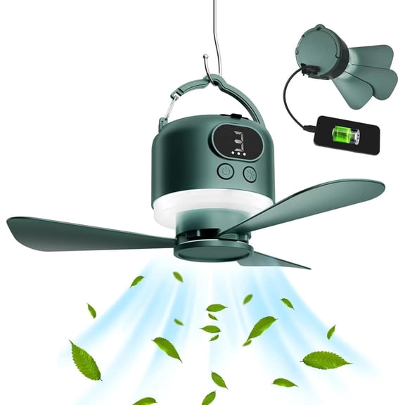 XINGYUN Portable Outdoor Ceiling Fan with Light with Remote Control and Hanging Hook, Easy Operation Battery Powered Fan Light for Gazebo, Tent, Patio, Camping
