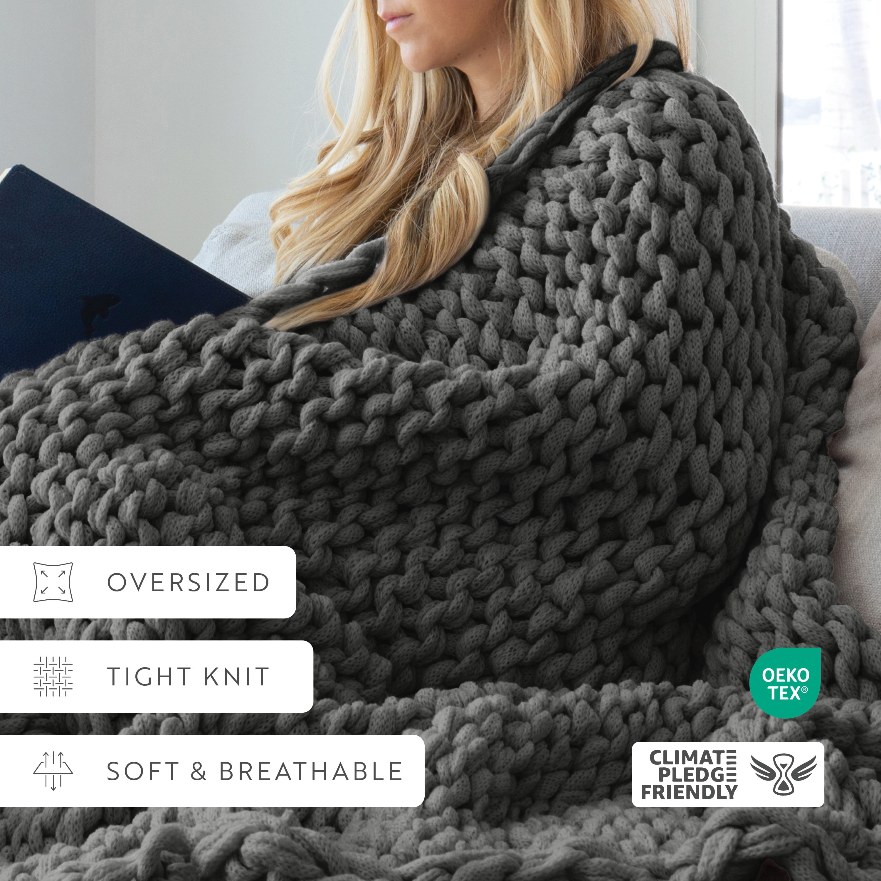 Comfort Canopy - Throw Blanket, Gray Chunky Soft Acrylic Hand-Knit