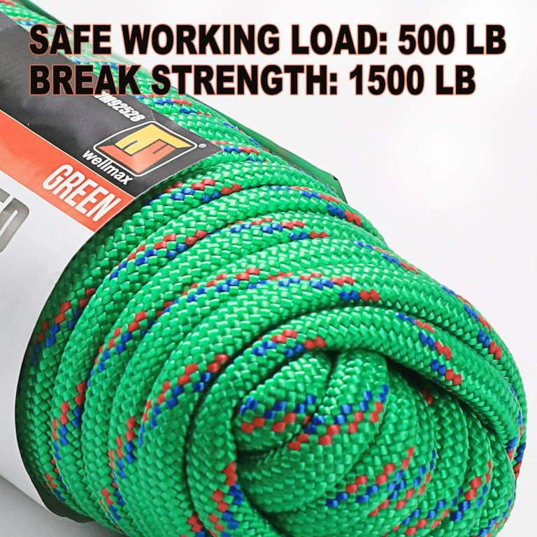 Wellmax Diamond Braid Nylon Rope, 3/8 inch by 50 Feet Green Color, Heavy Duty