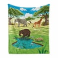thumbnail image 1 of Turtle Soft Flannel Fleece Throw Blanket, Day in the Jungle Bear Giraffe Treesnd Little Pond with Wild Plants, Cozy Plush for Indoor and Outdoor Use, 50" x 70", Multicolor, by Ambesonne, 1 of 6
