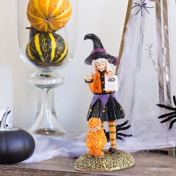 A Resin Halloween Witch Figurine With Cauldron Spooky Statue For Desktop Shelf Mantel Party Decor