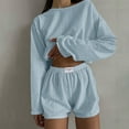 thumbnail image 2 of TEVEQ Women Pajama Sets Two-Piece Nightwear Sleepwear Pj Lounge Sets Women's Solid Color and Loose Pullover Lock Long Sleeved Top Shorts Pajamas Pajamas Suit Light Blue S, 2 of 5