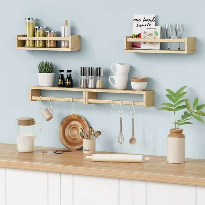 DICEEVIL 4PCS Wood Nursery Book Shelves Wall Mounted, Floating Bookshelf for Kids Room Decor, Toys and Books Storage Organizer Shelves for Child Bedroom Bathroom Kitchen