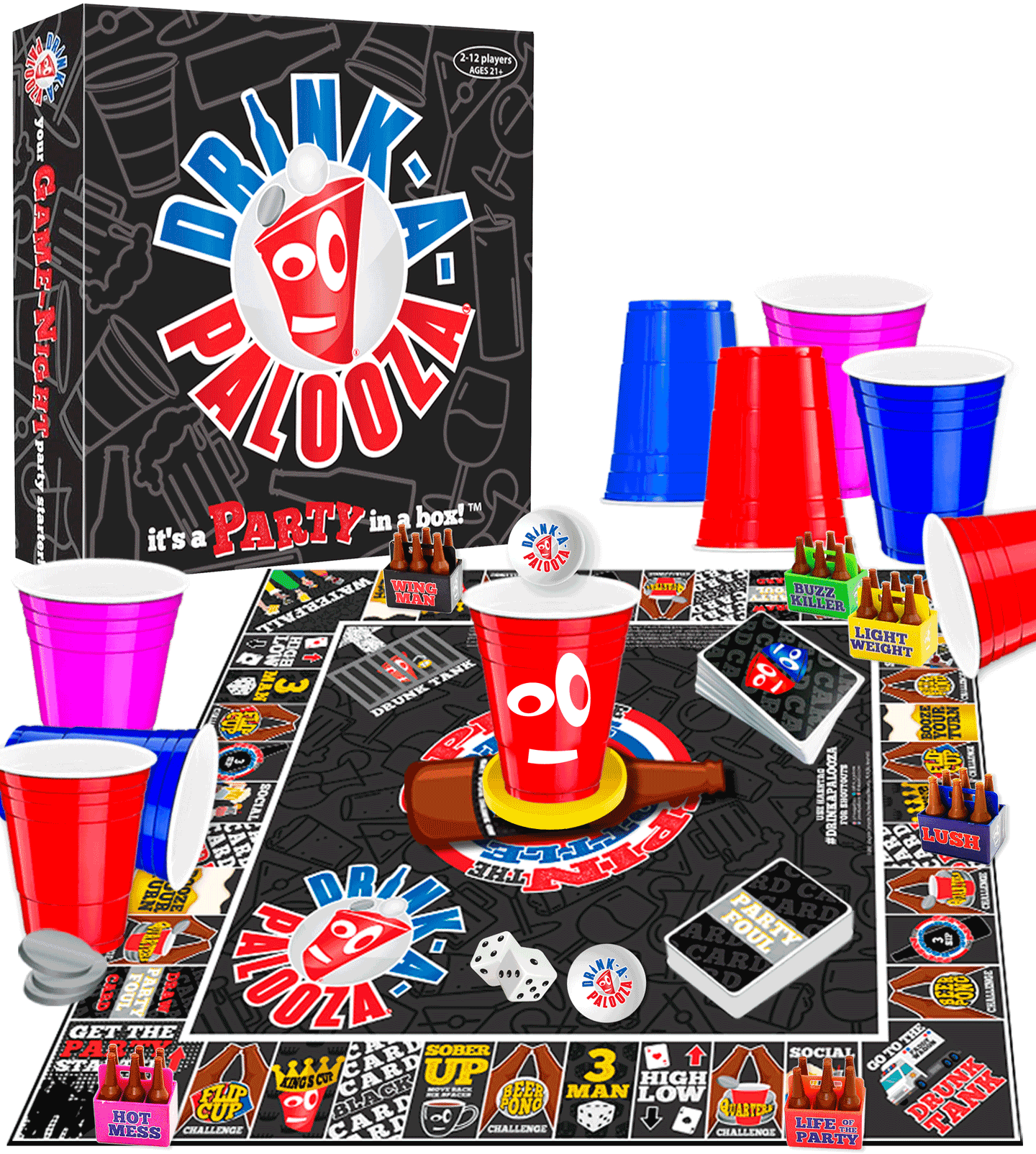 DRINK-A-PALOOZA Drinking Games for Adults - Competitive Board Game for Parties, 21st Birthdays, and Game Nights; Features Drinking Card Games, Beer Pong, and Couples Games – The Perfect Novelty Gift