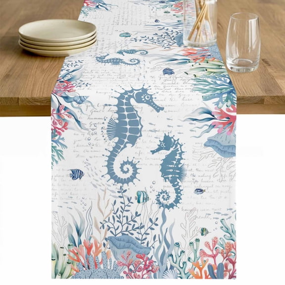 Coastal Seahorse Table Runner - 120 Inch Long Summer Beach Nautical Ocean Coral Cotton and Linen Blended Dress Scarves Farmhouse Table Runner for Kitchen Dining, Coffee Table, 13" x 120"