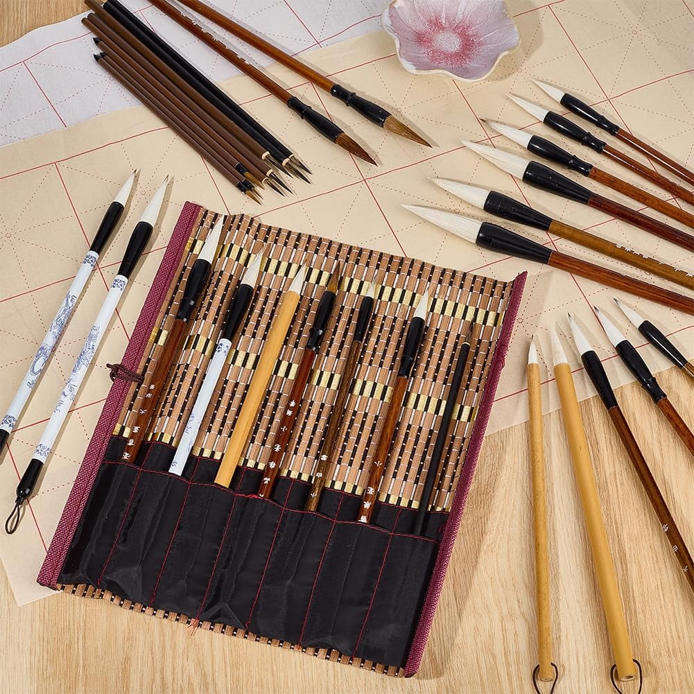 30 Pcs Chinese Calligraphy Brush Set Writing Painting Watercolor Ink Brushes with Roll up Bamboo Brush Holder Japanese Sumi Painting Brush Pens