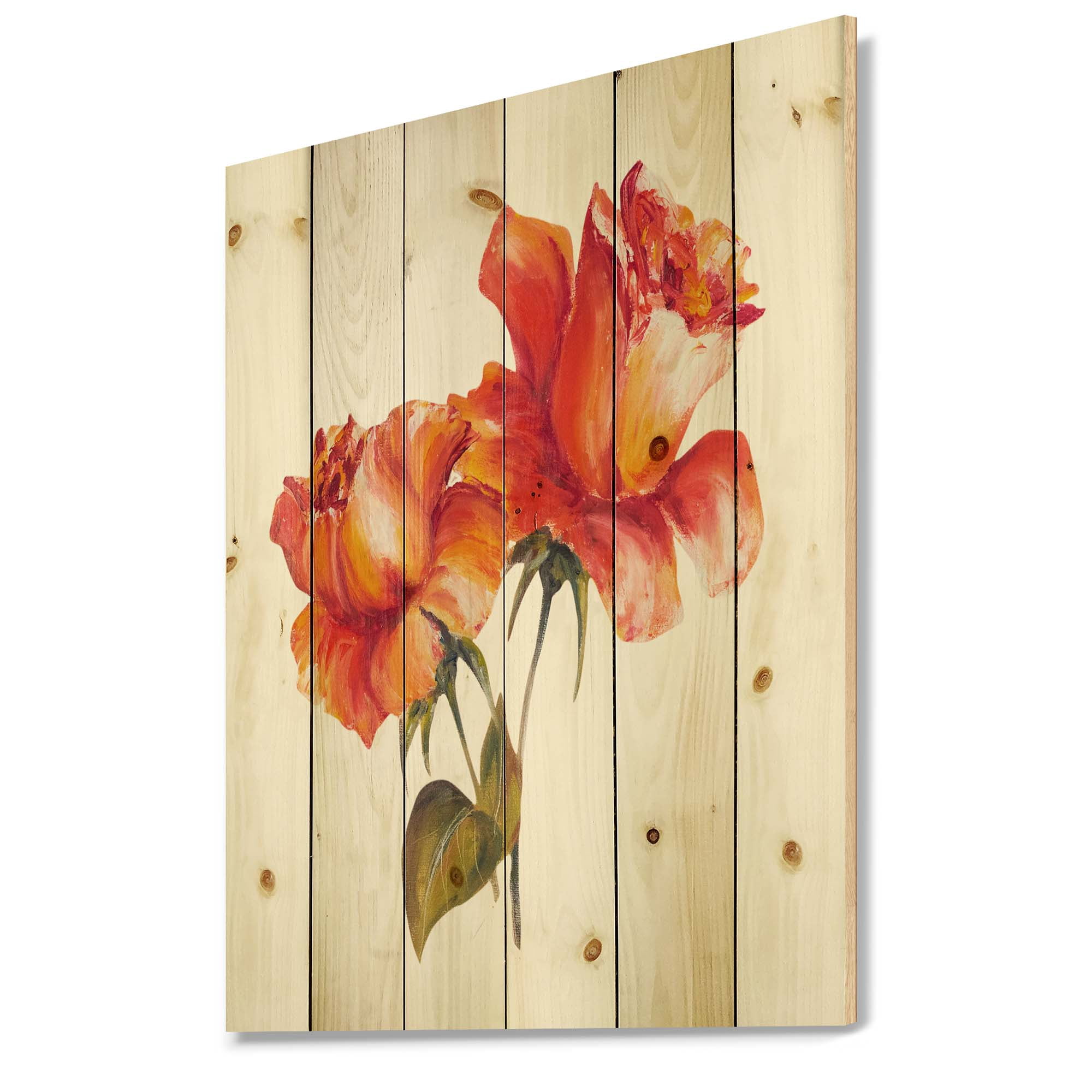 Designart 'Two Blossoming Red Roses On White' Traditional Print on Natural Pine Wood