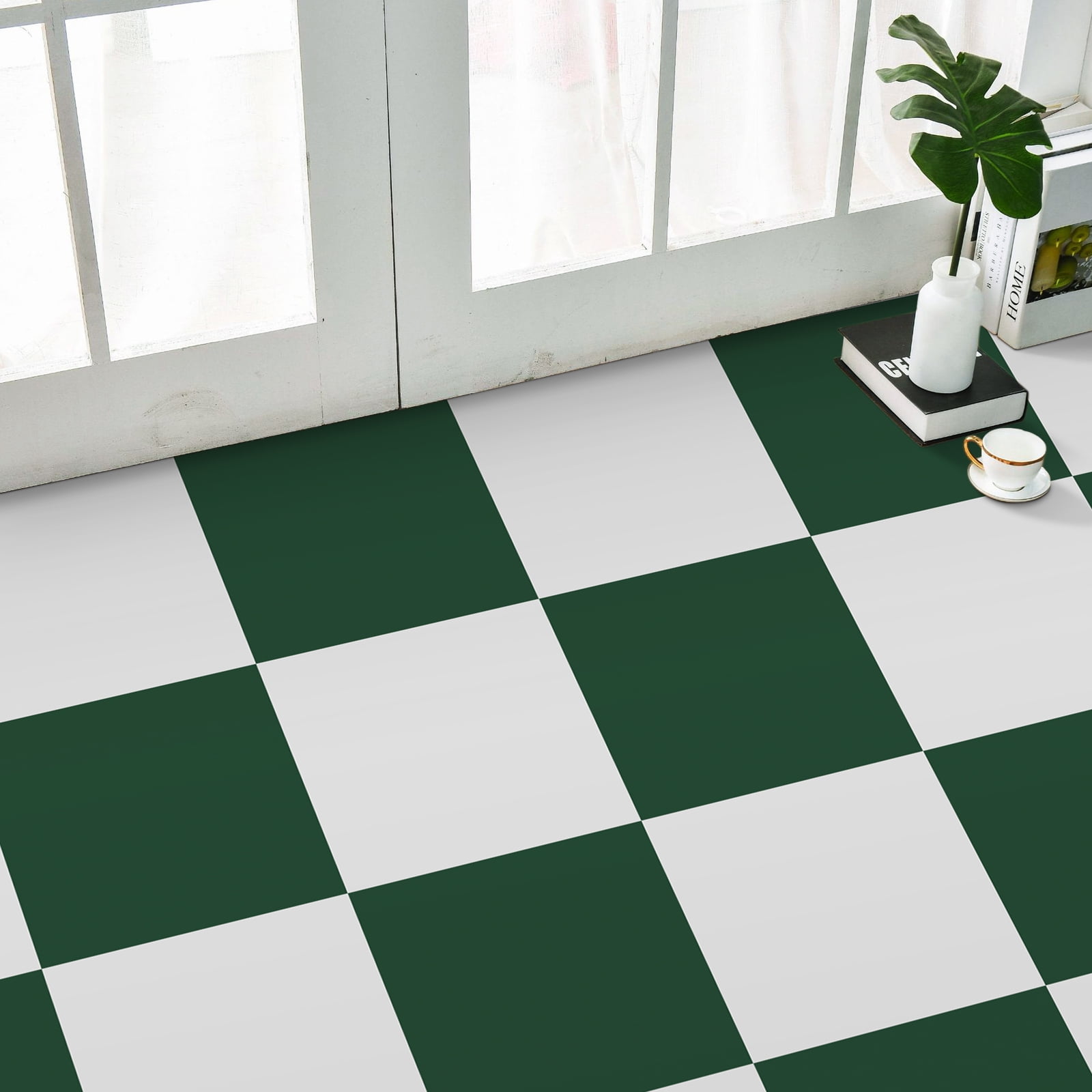 Abyssaly 12" x 12" (20Pcs) Peel and Stick Floor Tile Vinyl Flooring Checkered Floor Tile Suit for Bathroom and Kitchen (Green and White)