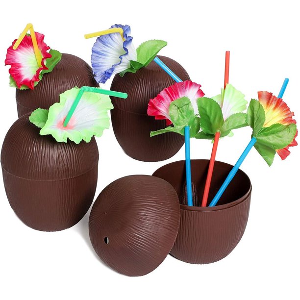 12 Pack 16 oz. Tropical Hawaiian Plastic Coconut Cups with Straws for