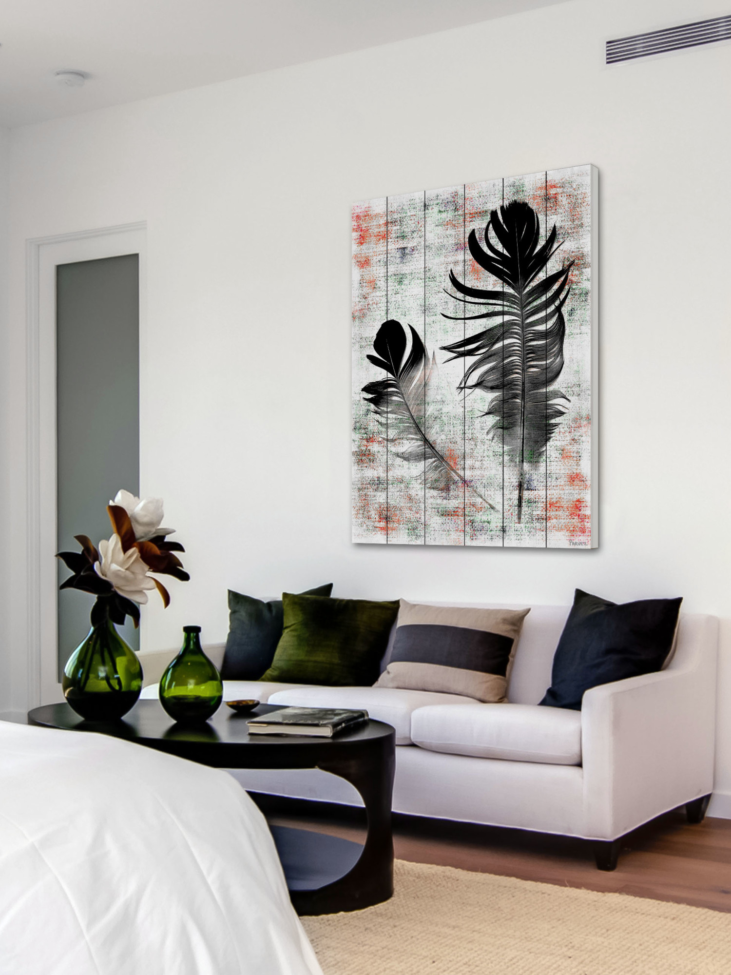 Parvez Taj Pt-Wnpw-145-Ww-45 45" x 30" "Black Feathers" Art Print on White Wood