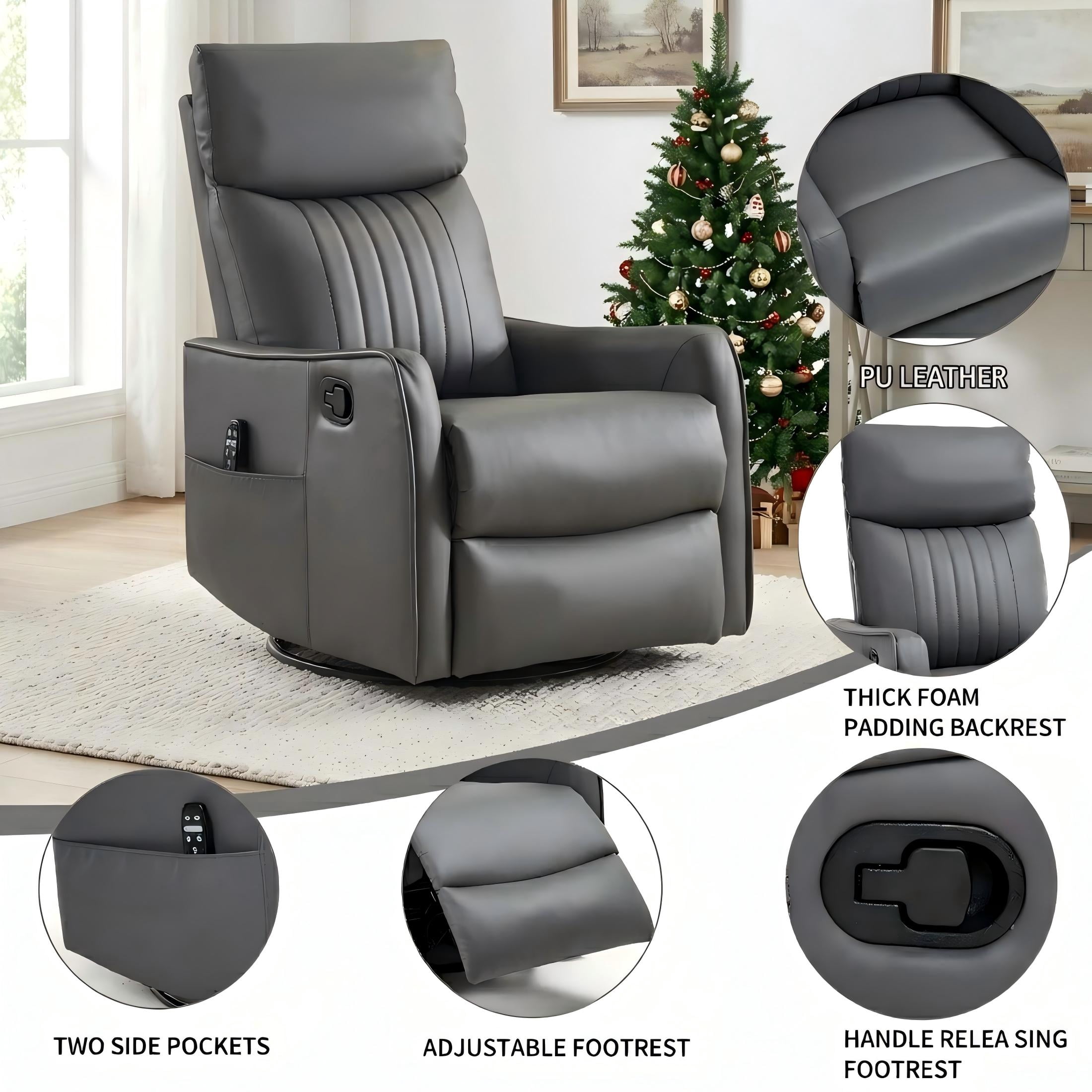 Aukfa Massage Recliner Chair with Heat, Faux Leather 360° Swivel Rocker Recliner, Overstuffed Manual Reclining Glider Chair with Vibration, Gray