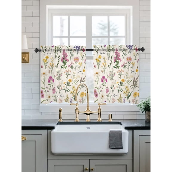 Wildflowers Sheer Kitchen Tier Curtains 24 Inch length,Rod Pocket Half Curtains Short Drapes,Blossoming Botanical Prints Garden Floral Light Filtering Small Window Treatments 2 Pcs 27.5"W x 24"L