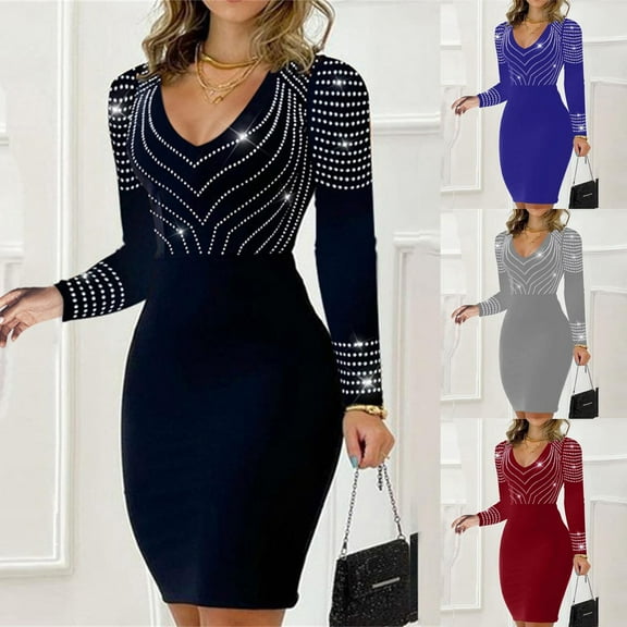 safuny Women's Knee Length Pencil Dress Solid Diamond Holiday Elegant Leisure Zipper Long Sleeve Retro Fashion Winter Scoop Neck Autumn Dress Black S