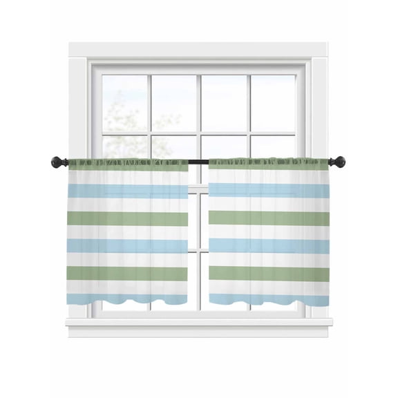 Geometric Sage Sheer Curtains 2 Panels Set Green and Blue Stripes Sheer Window Curtains Light Filtering Rod Pocket Voile Drapes for Bedroom Living Room 52"x45"
