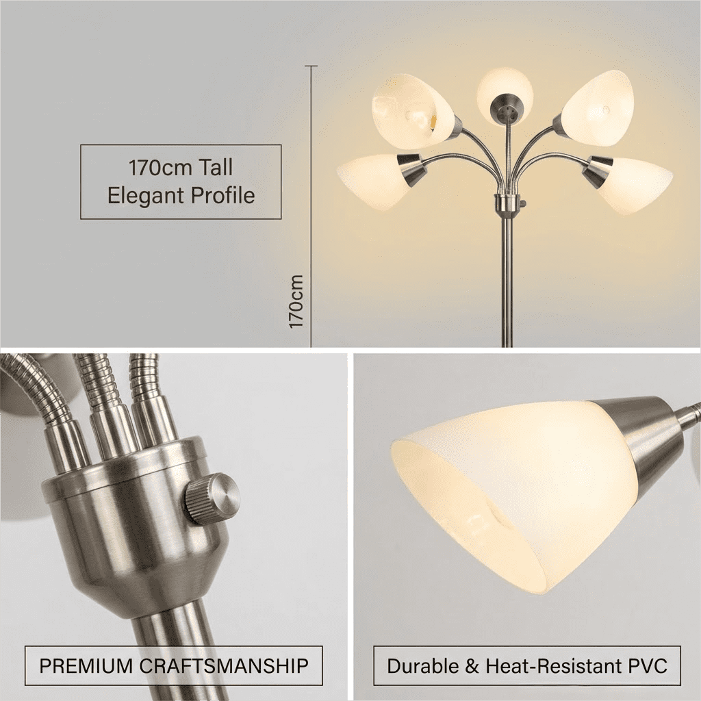 5-Light Metal Tree Floor Lamp with Adjustable Arms, 67" Tall pole Standing Reading Light for Living Room, Sand Nickel Modern Floor Lamp  (Bulb Not Included)