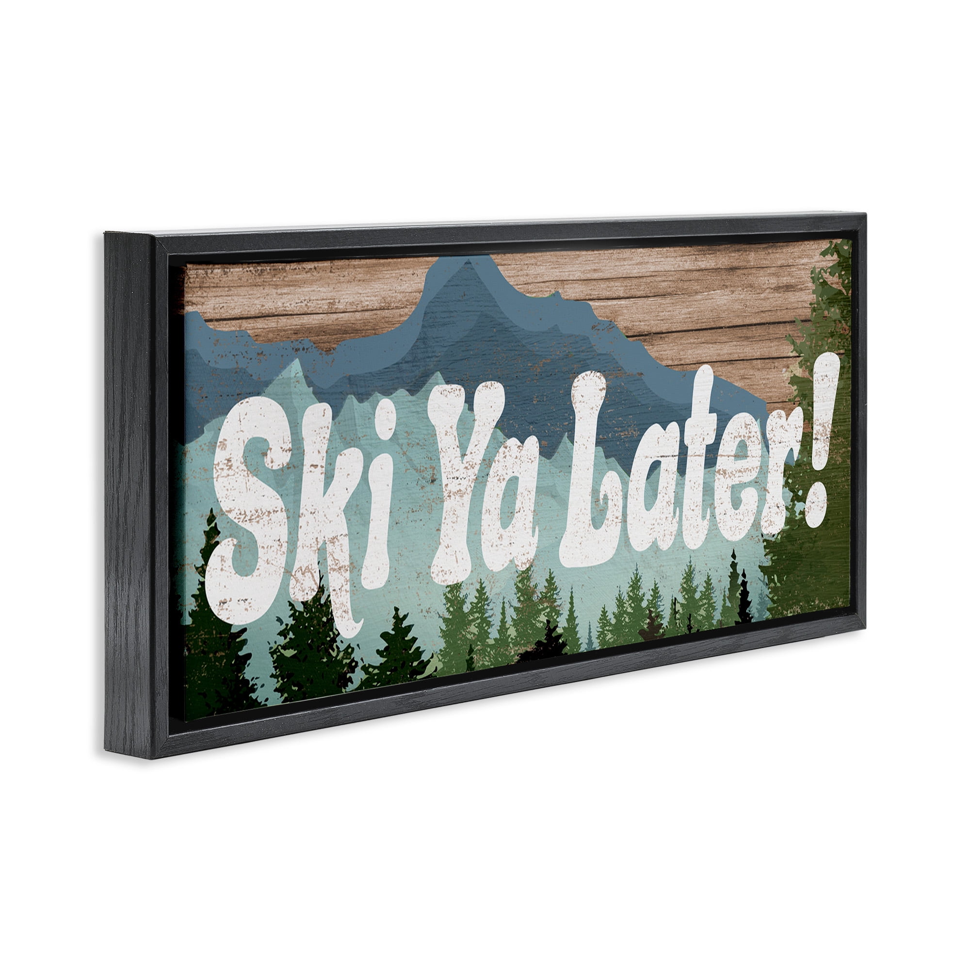 Stupell Industries Ski Ya Later Sports Pun Rustic Mountain Forest Sports Painting Black Floater Framed Canvas Art Print Wall Art, 25 x 11