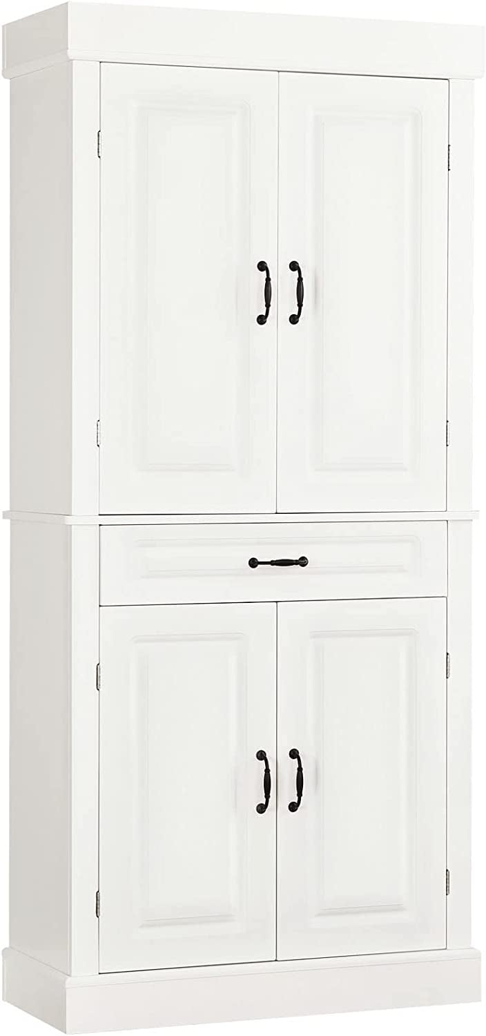 Yoleny 71'' Freestanding Kitchen Pantry Cabinet, Tall Storage Cabinet with Drawer and Adjustable Shelves, 2-Door Floor Cupboard for Kitchen Bathroom Study Hallway, White - 1