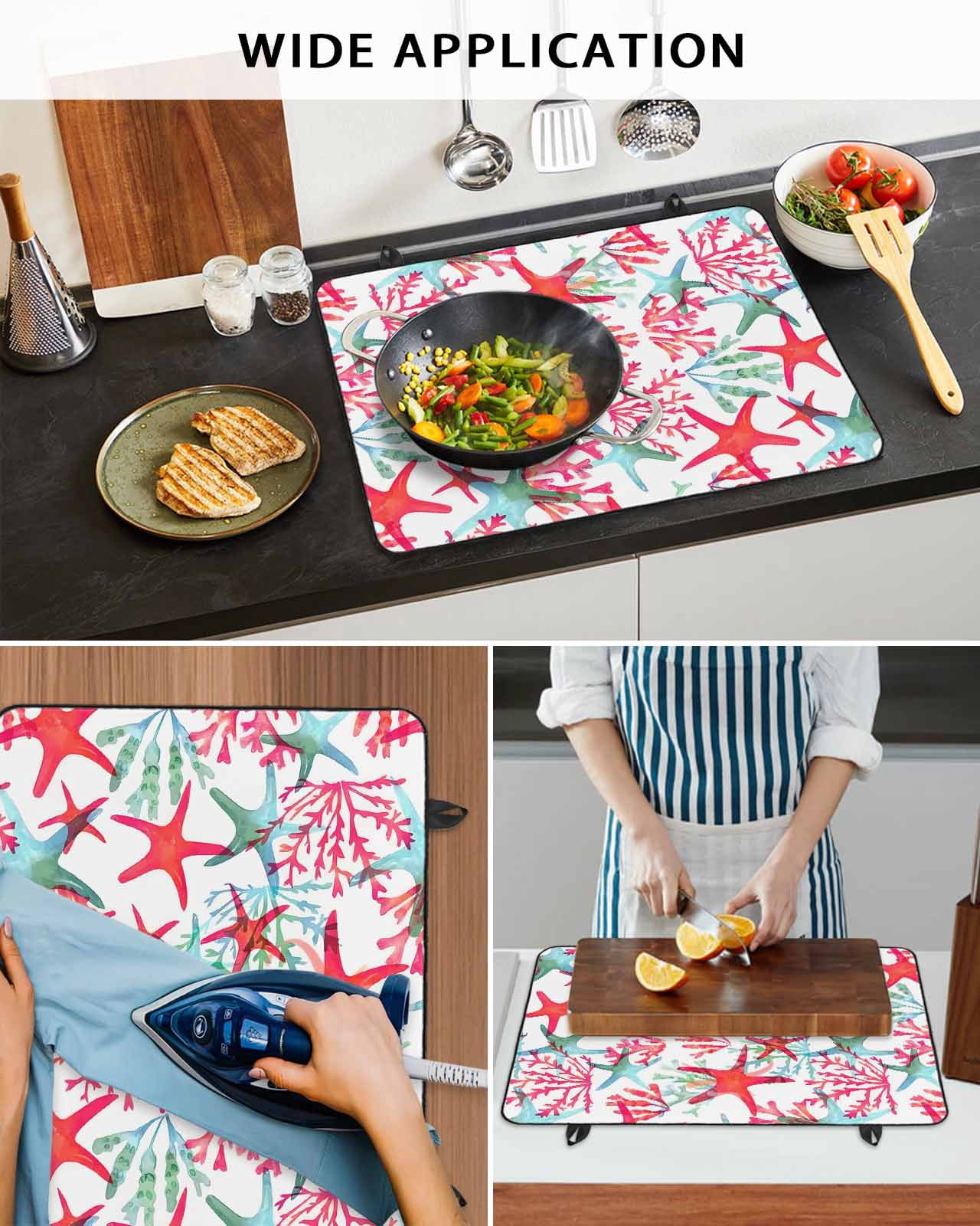nqOlkjepod Large Induction Cooktop Protector Mat 36"x21", Summer Red Starfish Stove Top Covers for Electric Stove, Green Coral Coastal Ocean Abstract Stove Burner Cover Mats, Glass Top Stove Cover