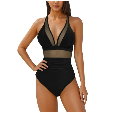 Uaswgudfs Womens One-Piece Swimsuit with Plunge Neckline & Mesh Accent Ruched Waist Sheer Panel Swimwear for Beach Pool Black S