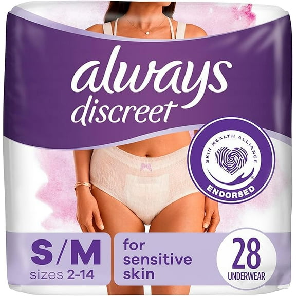 Always Discreet Sensitive Incontinence and Postpartum Underwear for Women Maximum Plus Protection Small Medium 28 Count