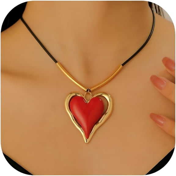 DESIGNICE Red Heart Necklace Big Heart Shape Pendant Necklace Simple Chunky Heart Charm Necklace Hip Hop Jewelry for Women