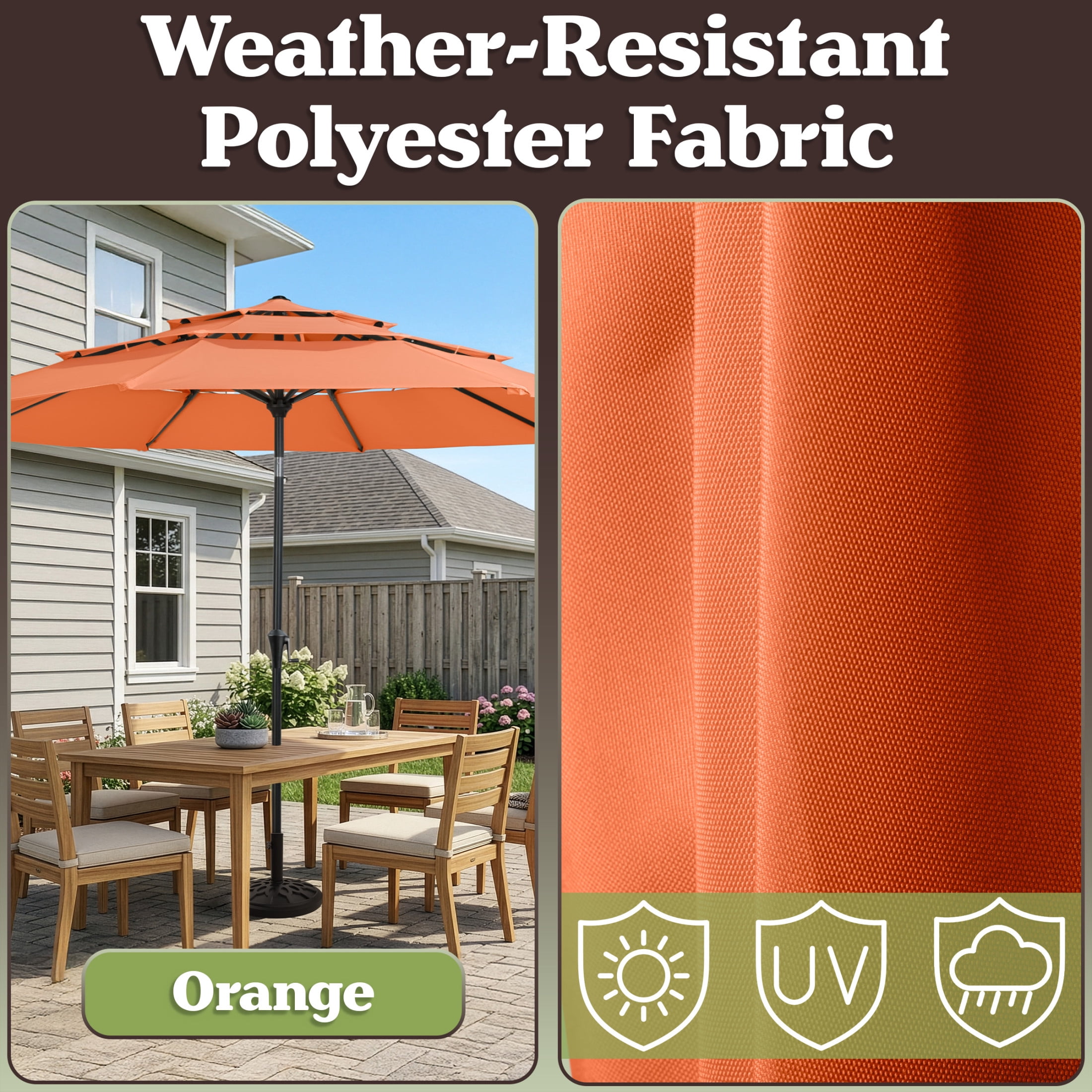 Pure Garden 10ft 3-Tier Umbrella for Patio Shade Canopy with 19lb Base, Orange