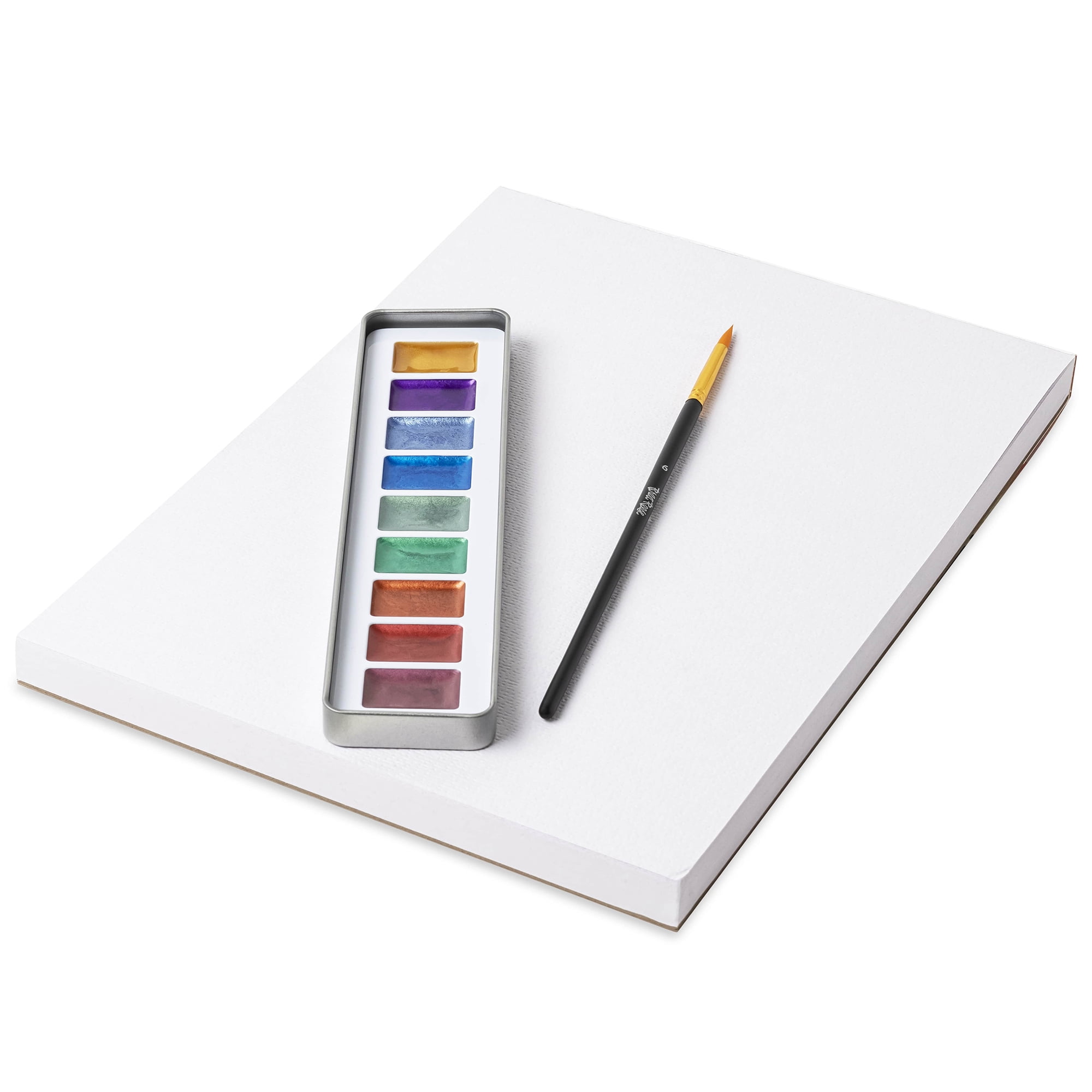 Brea Reese: Watercolor Paint Set - Metallic - 9pc Shimmering Colors, Gold Taklon Painting Brush & Compact Portable Tin, Blend-able, Adult Art Supplies