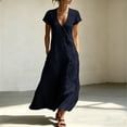 thumbnail image 2 of Women's Cotton Linen Midi Dress Summer Short Sleeve V‑Neck Asymmetrical Button Casual Dress with Side Pockets Navy M(M), 2 of 6