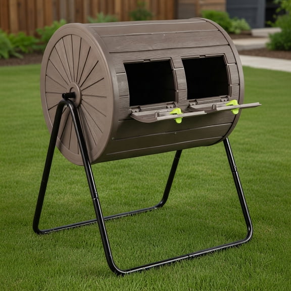 Resenkos 37.5 Gallon Dual-Chamber Compost Tumbler – Weatherproof Outdoor Rotating Compost Bin with Lockable Doors, BPA-Free PP & Steel Frame – Black/Coffee Finish